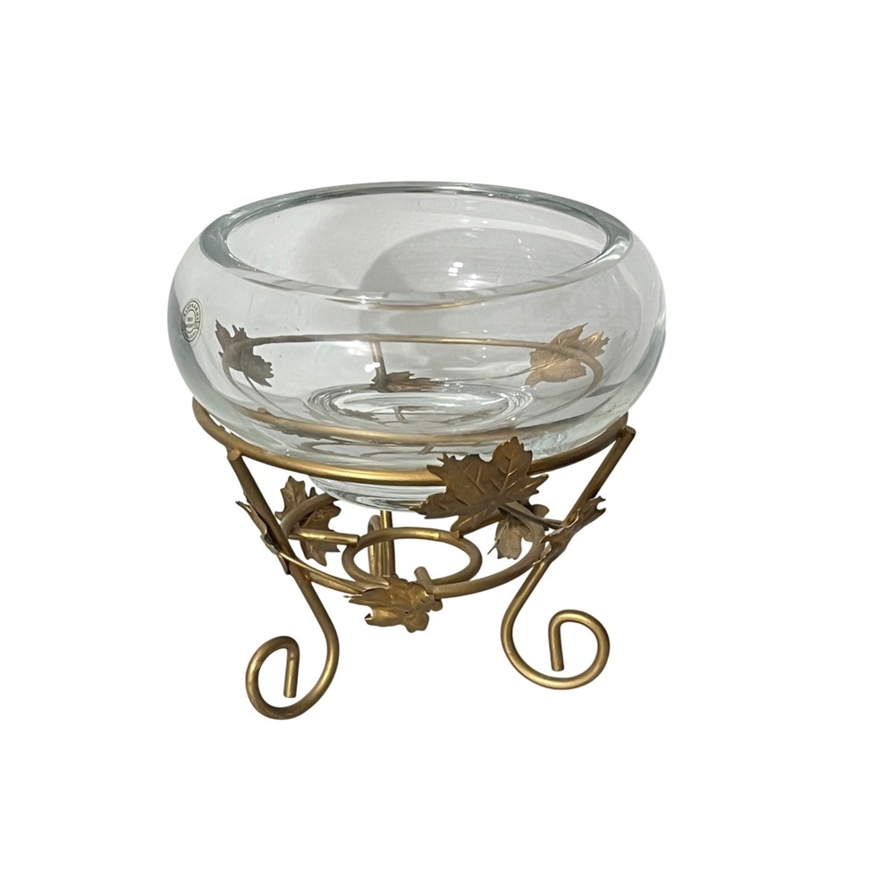 Crystalery Glass Bowl  Gold Handcrafted Maple Leaf Stand Centerpiece